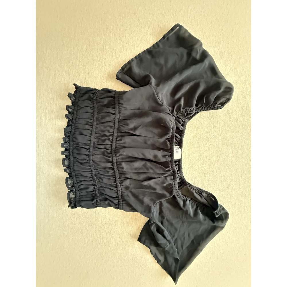 Hollister Black Solid Off-Shoulder Puff Sleeve Cropped Smocked Blouse XS